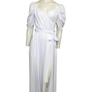 Luxxel Puff Sleeve Surplice Wrap Leg Slits Jumpsuit White Size Small NWT